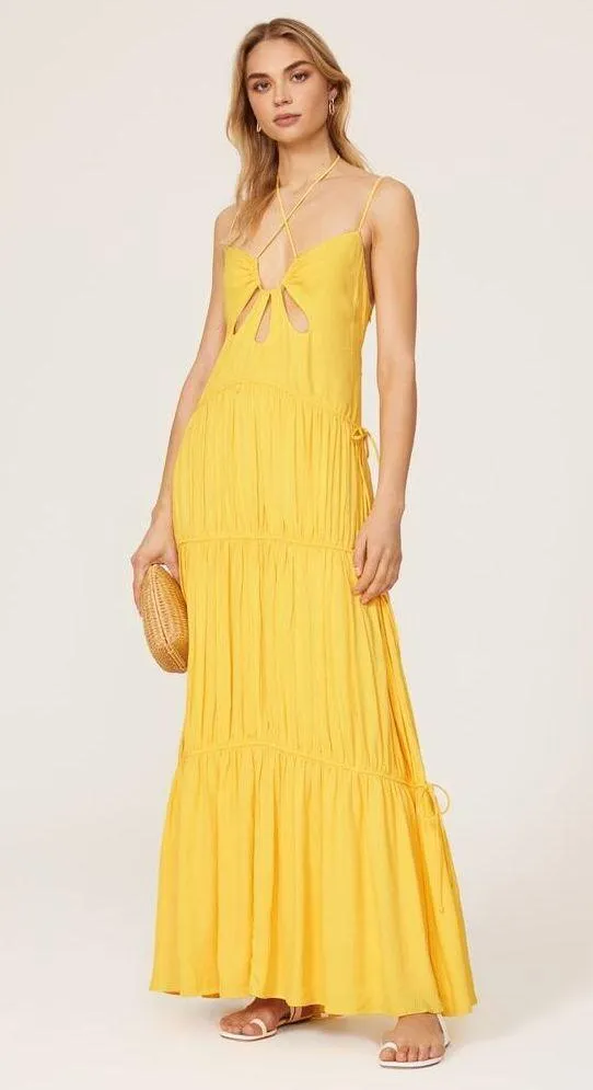 JONATHAN SIMKHAI Daffodil Lina Lightweight Crinkle Teardrop Cutout Maxi Dress L Yellow Size L - Image 4