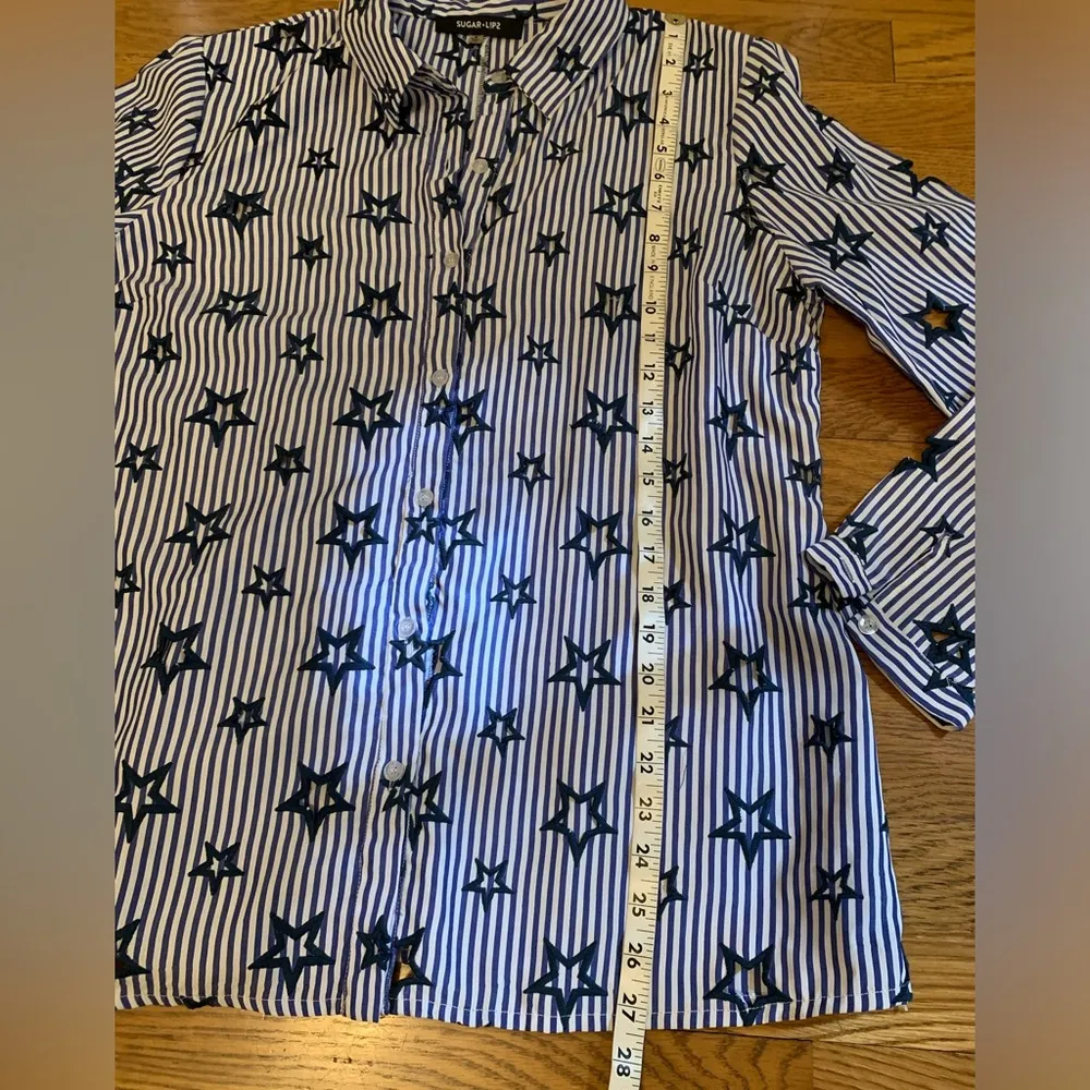 Striped Cut-Out Star Embroidery Long Sleeve Button up Shirt blue size M - Image 10