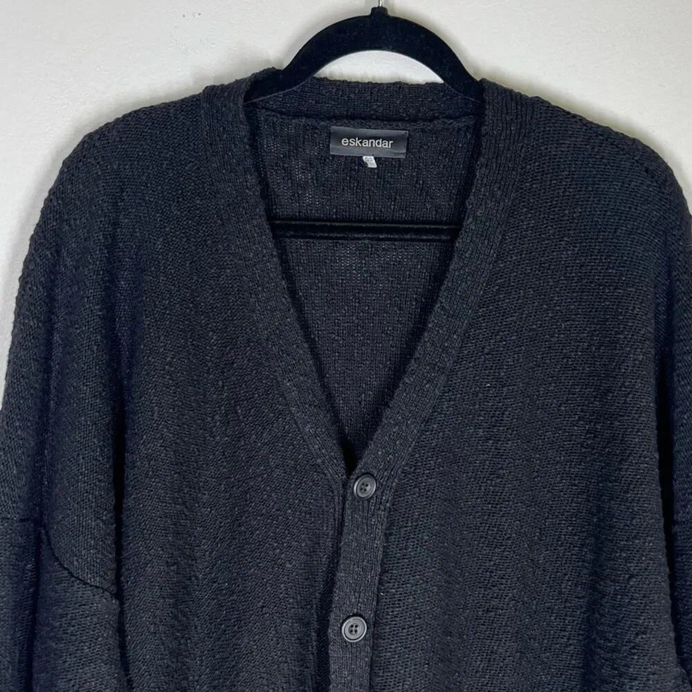 Eskandar OS Oversized Textured Long Sleeve Linen Cotton Cardigan Sweater Black Size L - Image 4