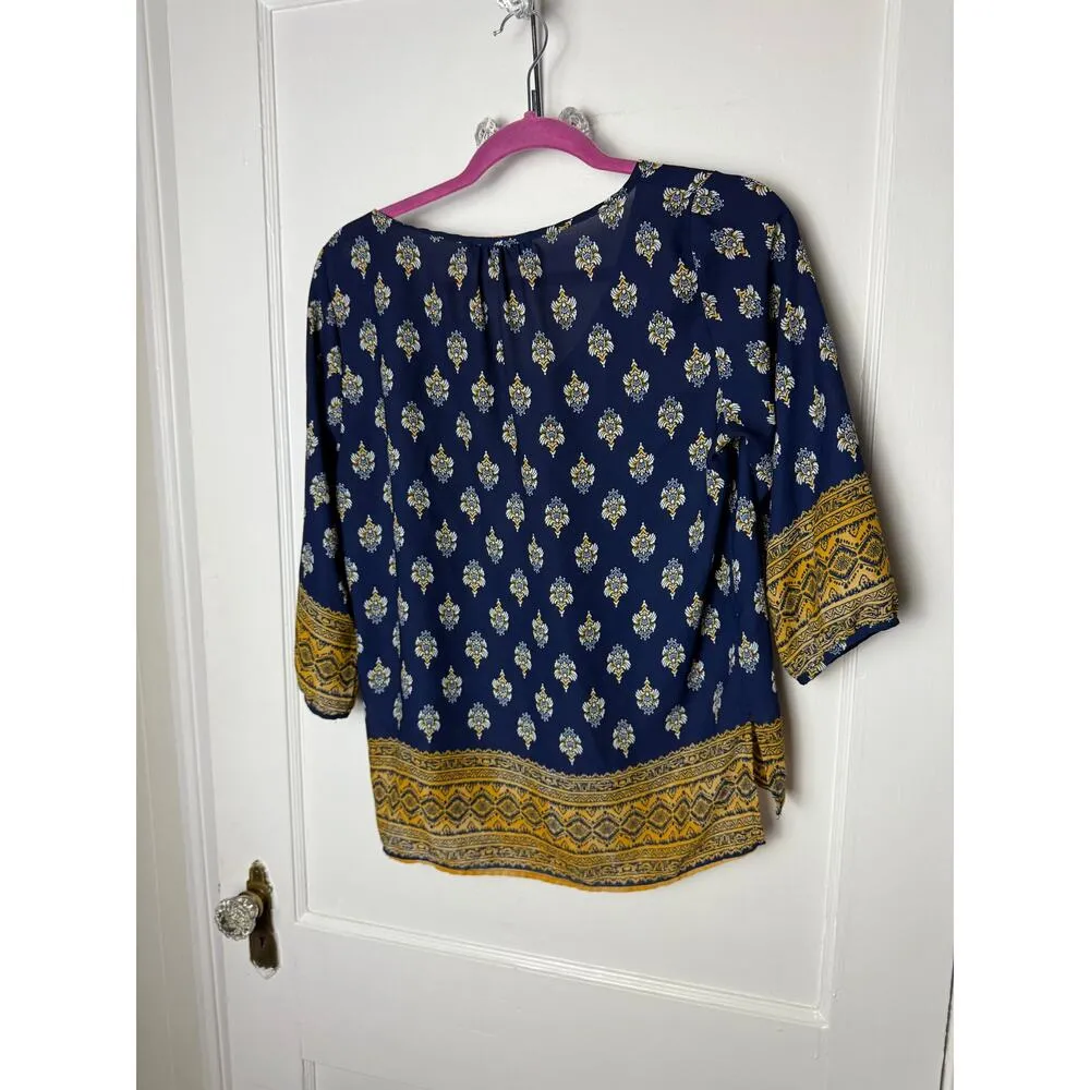 Renee C Block Print Flowy Blouse Women's Small Navy Blue Gold V - Image 5