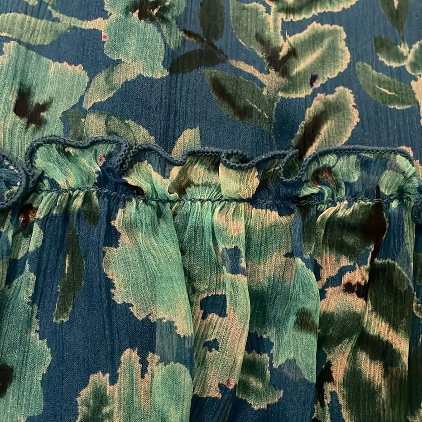 Johnny Was Jade Raquel Silk Mini Dress Womens Size Large Blue and Green Floral - Image 10