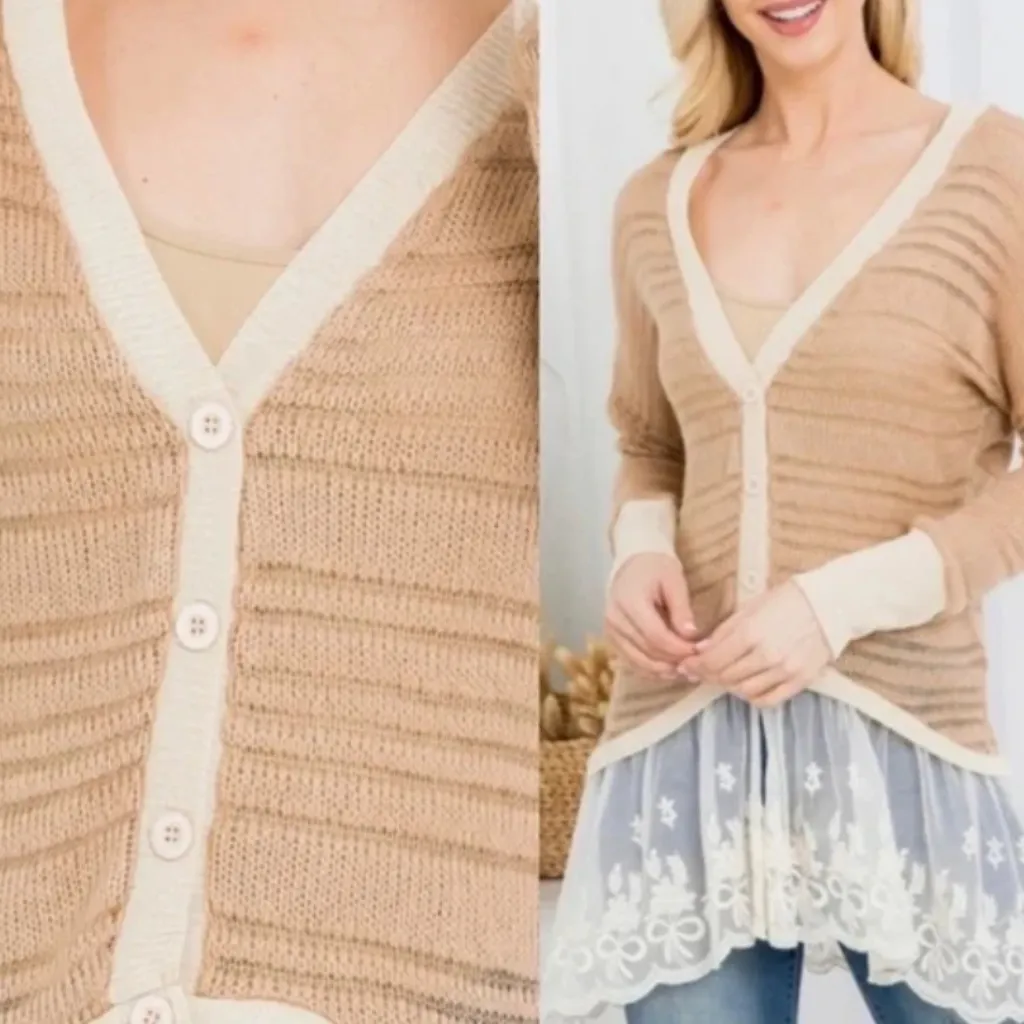 Women’s A’Reve Crochet Lace Cardigan in Latte Combo sz small NWT Tan - Image 3