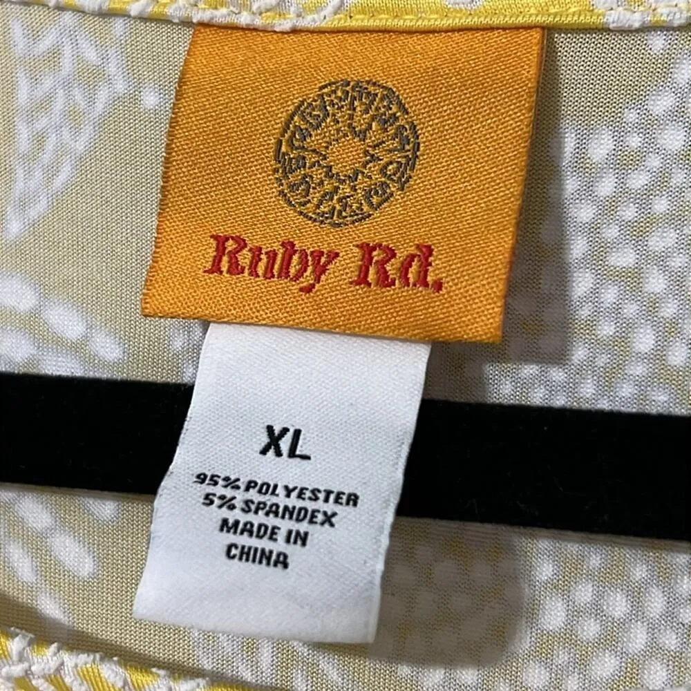 Ruby Rd. womens size XL tropical puff knit top 3/4 sleeves scoop neck fern print Yellow - Image 3