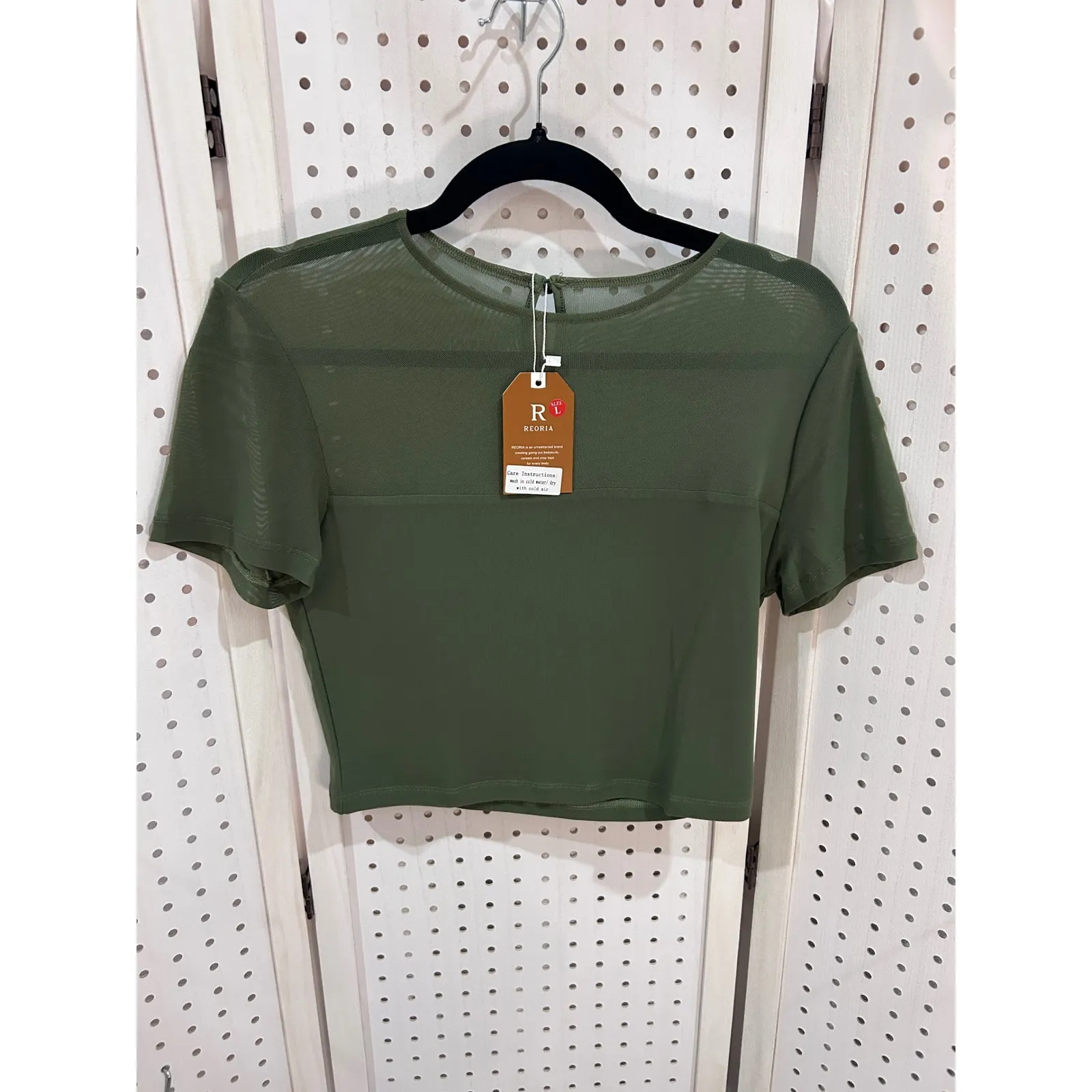 REORIA Mesh Sleeve Crop Top Olive Green Sheer Casual Women Size L Size L - Image 2