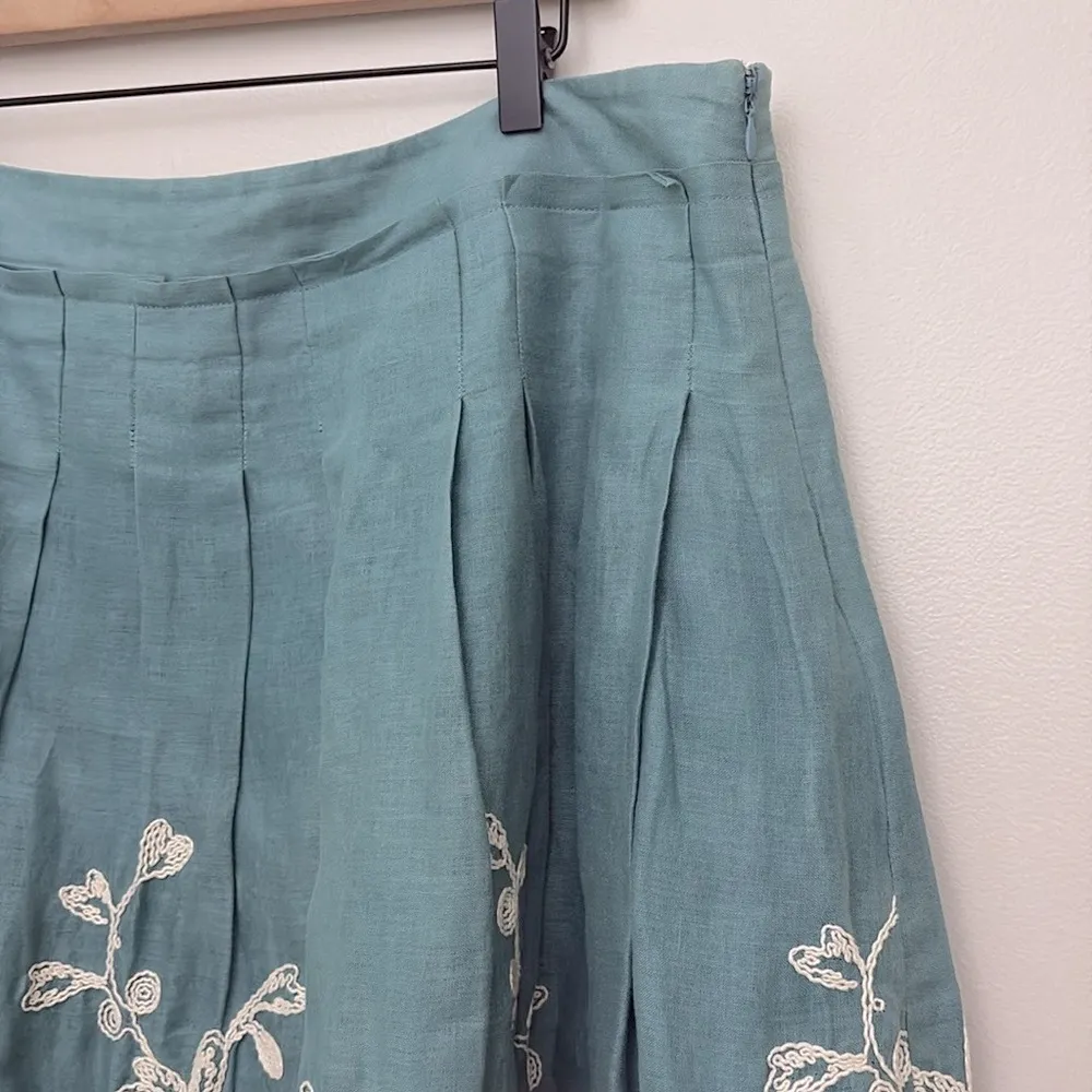 Talbots Floral Embroidered Pleated Skirt 100% Linen Teal Lined Cottagecore Sz 14 - Image 5