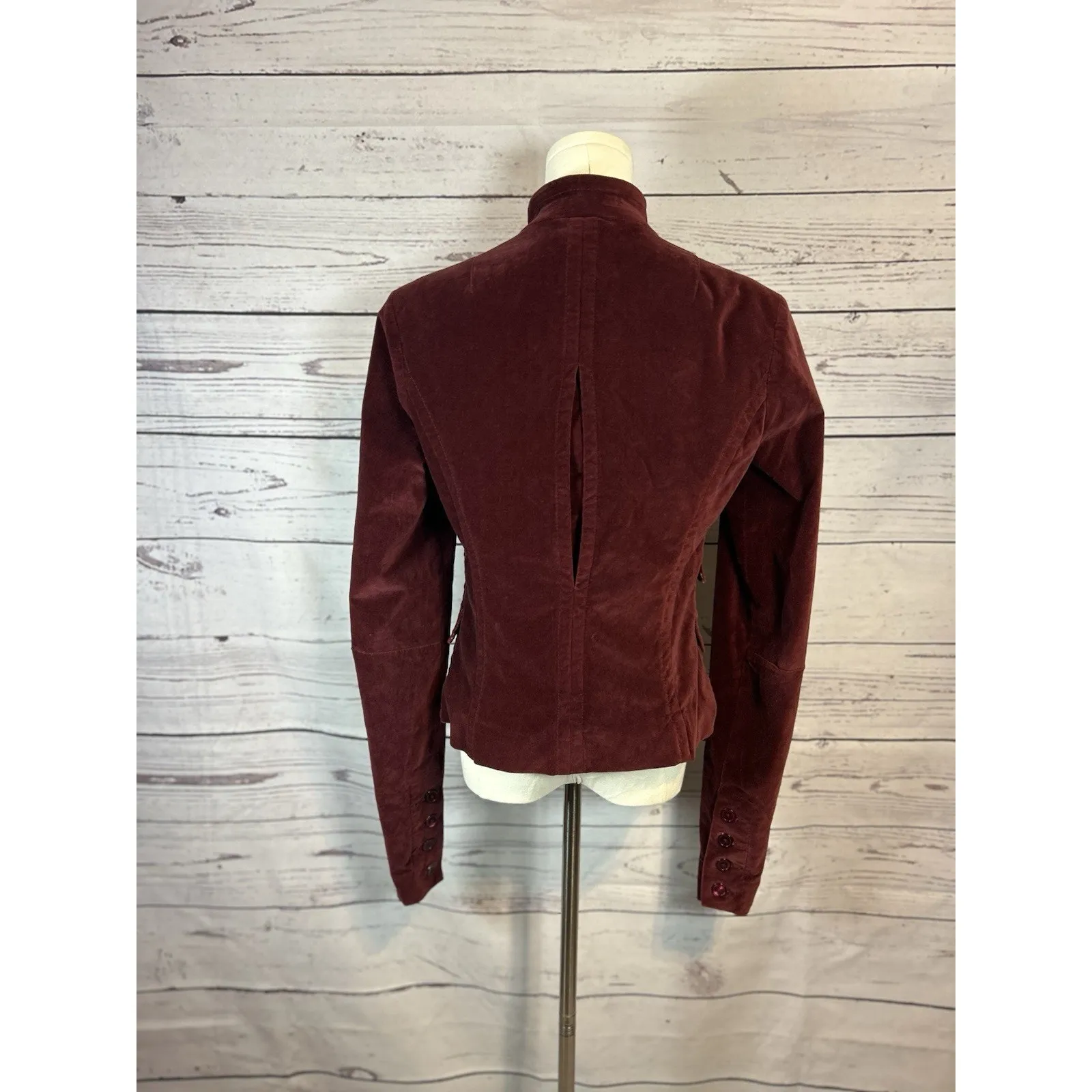 Lucky Brand MFG Burgundy Velvet Jacket Medium Handmade Trade Mark Floral Lined - Image 4