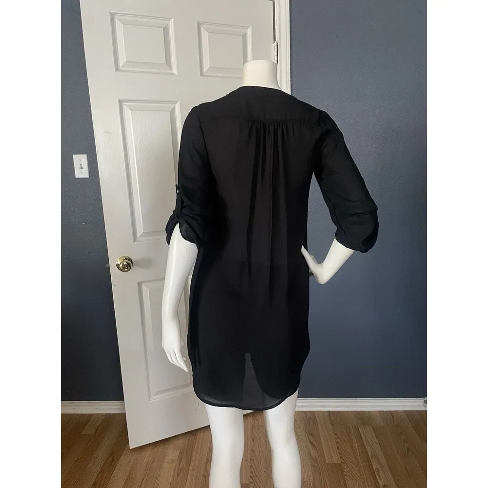 Rue 21 Women's Blouse Shirt Top Size XS Black Print Tunic Rayon Mandarin Collar - Image 5