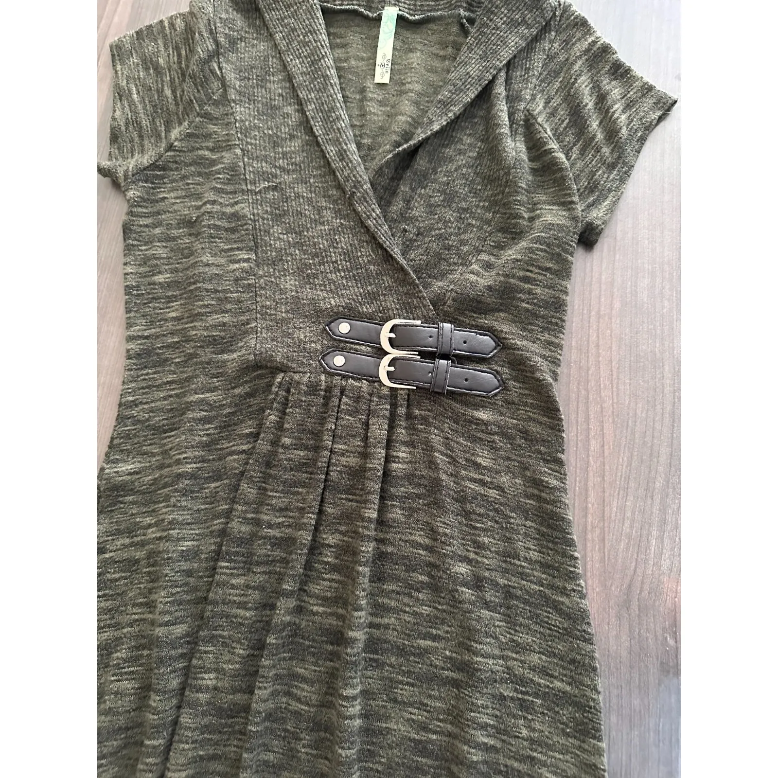 Women's Short Sleeve Sweater Dress Cowl Neck Military Buckle Waist Olive Green M Size M - Image 4