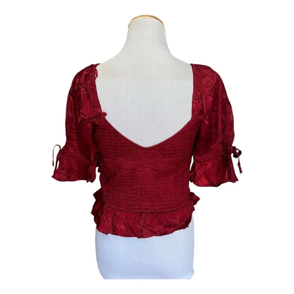BOG Band Of The Free  LEA RHUBARB SMOCKED CROP TOP Medium Ruffle Red Puff Sleeve - Image 5
