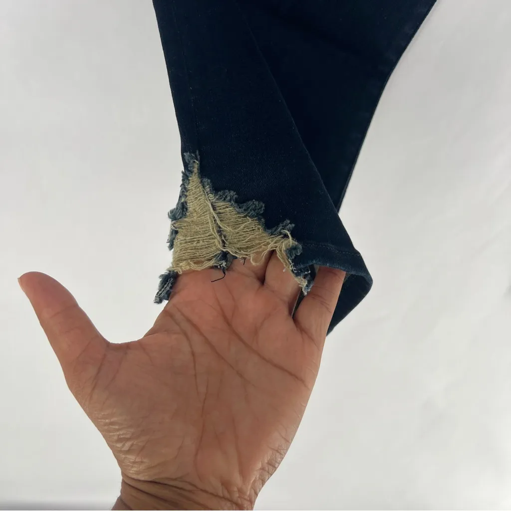 Frame Le High Straight Stretch Denim Dark Wash Denim High Rise Ripped Crop Jeans - Image 4