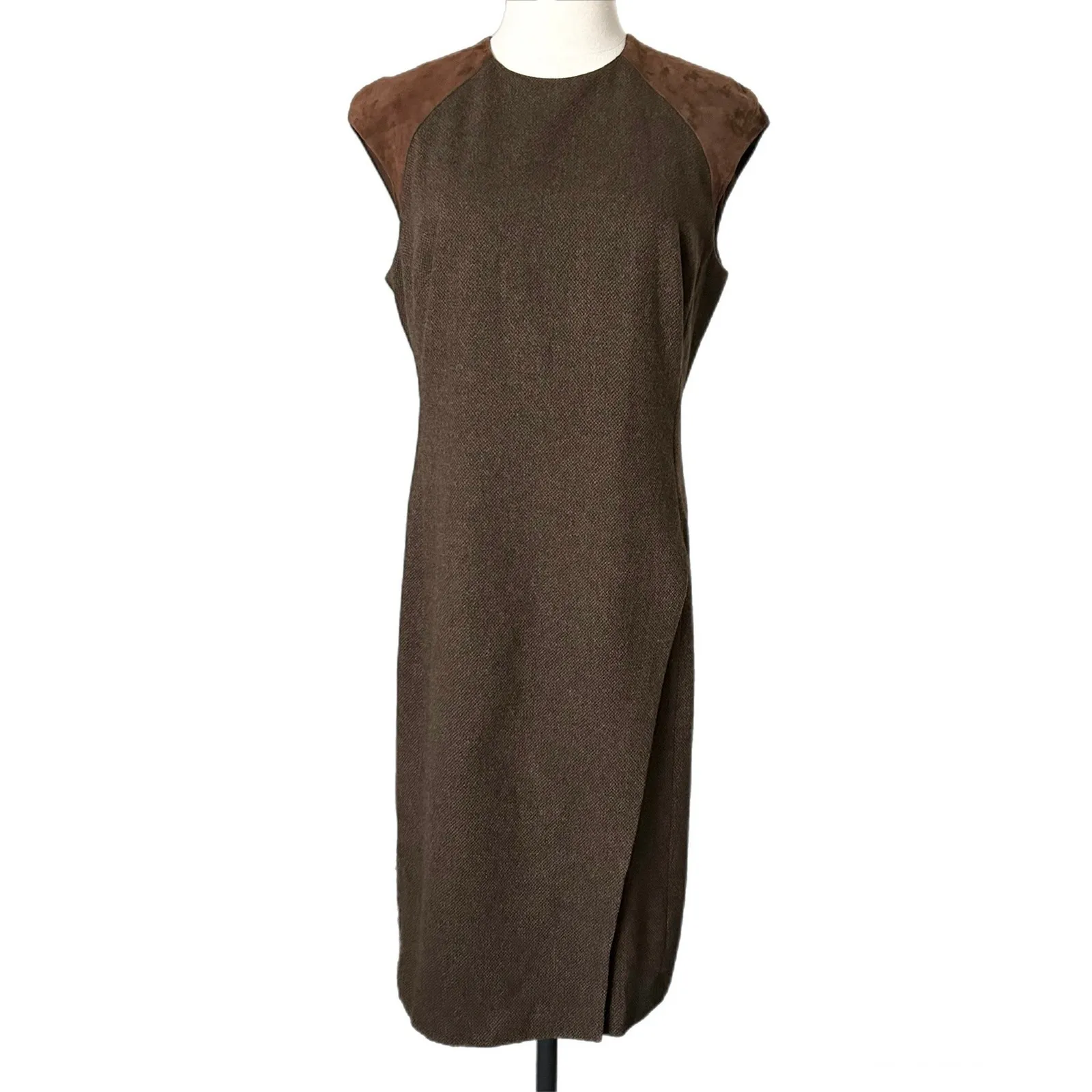 Ralph Lauren Black Label Brown Tweed Suede Cap Sleeve Sheath Midi Dress Size 12 - Image 2