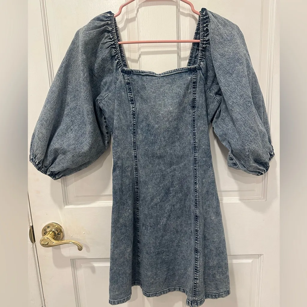 Denim Puff Sleeve Dress Blue - Image 4