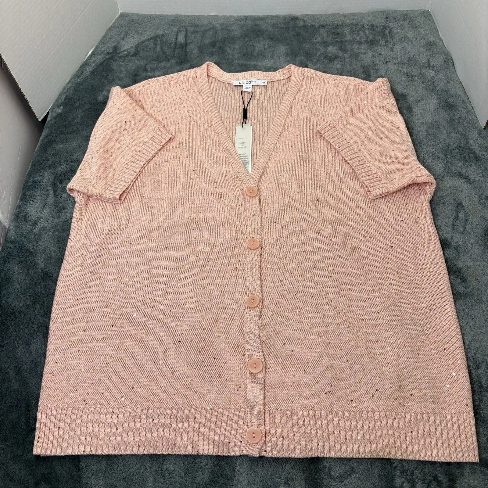 Chico's Sequin Short-Sleeved Cardigan Pink Size 1 Casual Chic Girly Sparkly - Image 5