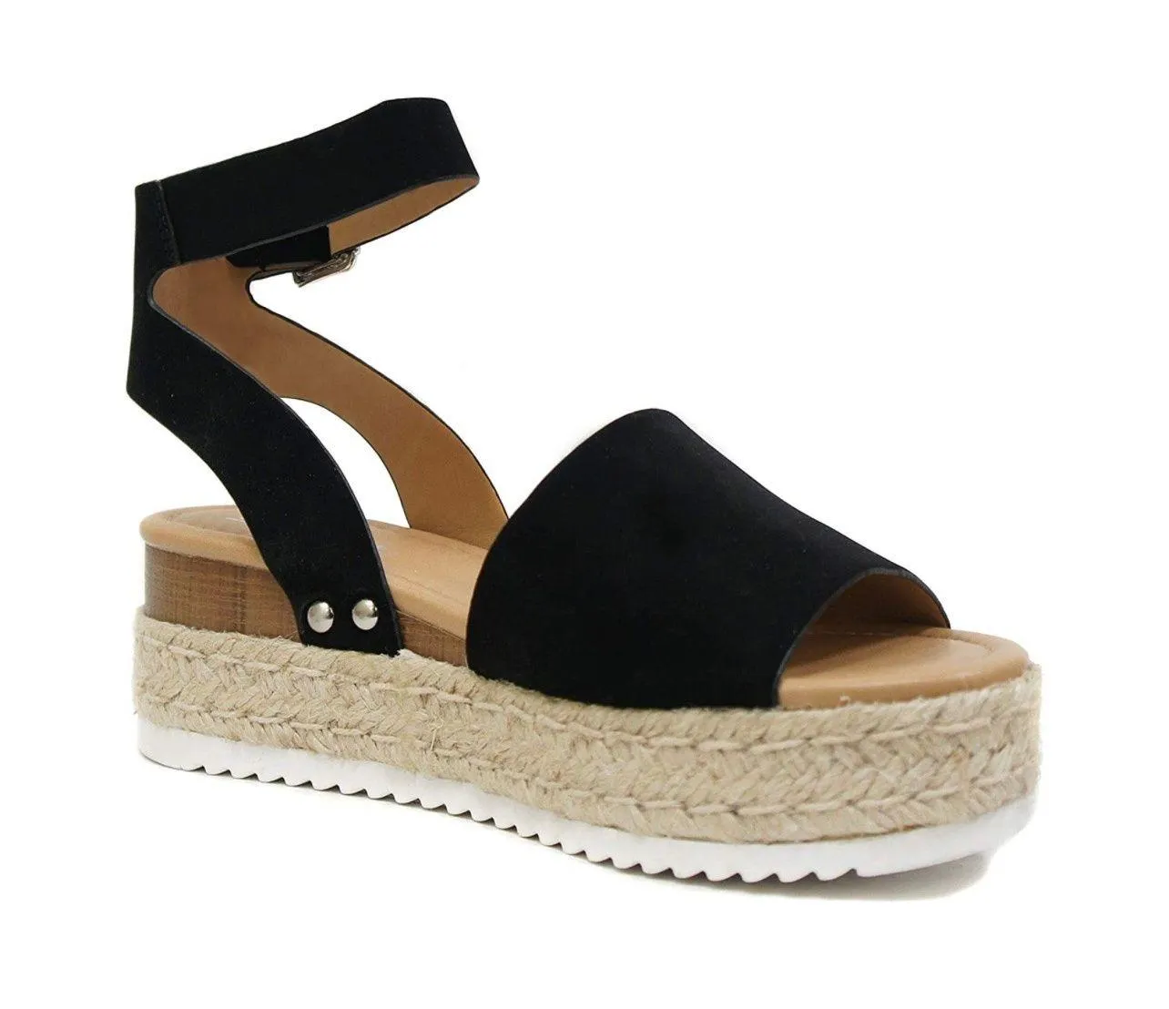 Black Open Toe Buckle Ankle Strap Espadrilles Flatform Wedge Casual Sandal - Image 5