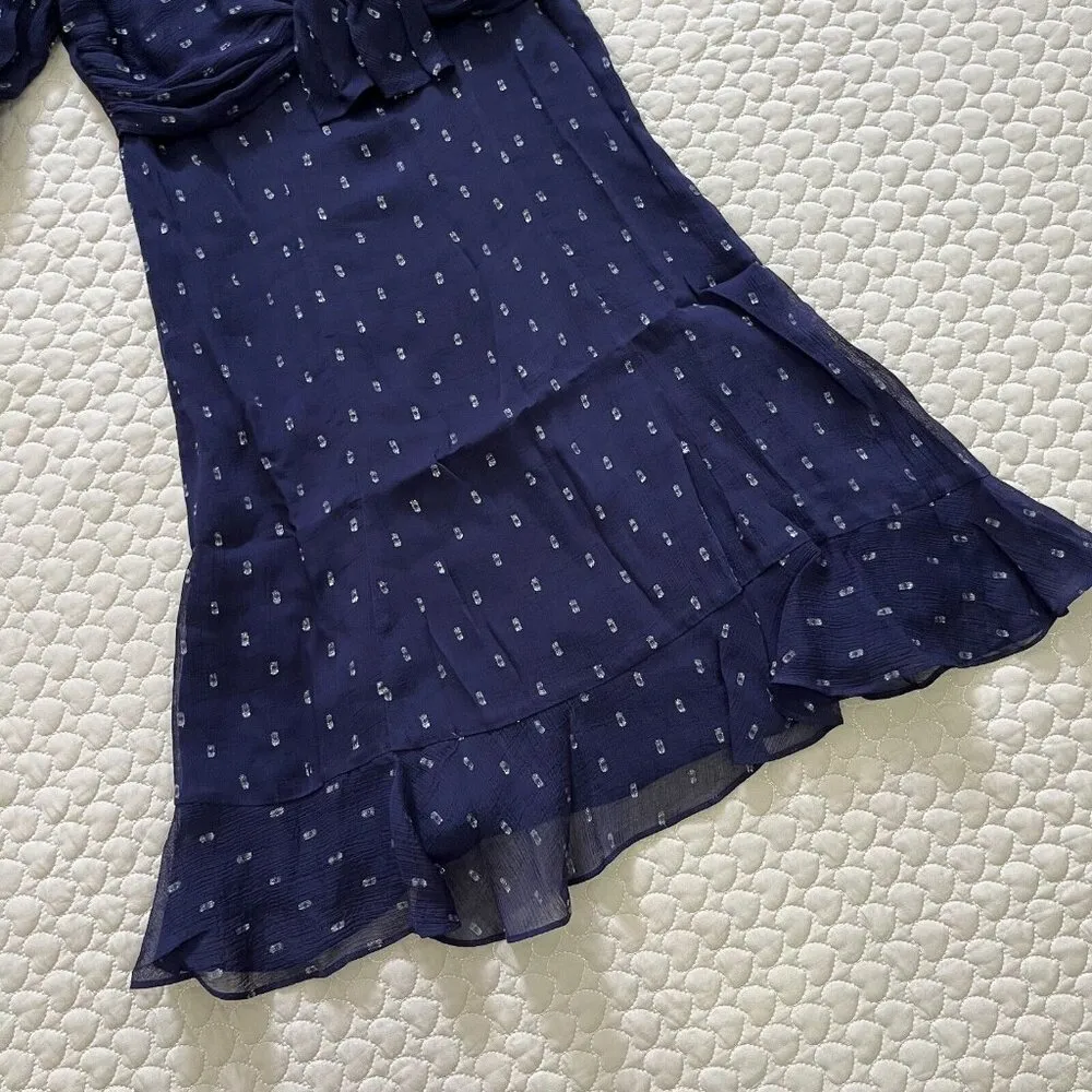 NWOT The Kooples Womens Blue Metallic Dot Sheer Short-Sleeve V-Neck Mini Dress 1 - Image 4