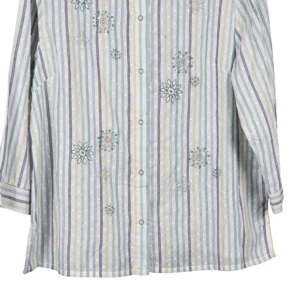 Y2K Button Up Striped Shirt 16 Snowflake Beads Sequin Swiss Dot Embroidered Snap - Image 4