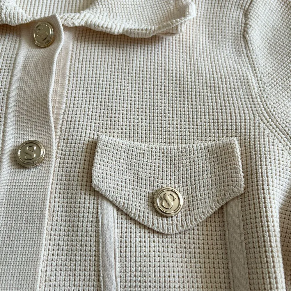 Sandro Paco Cream Waffle Knit Collared Button Front Cardigan Sweater Jacket - Image 6