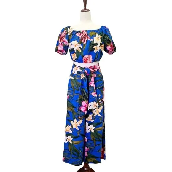 Cupcakes & Cashmere Tropical Blue Linen Crop Top Wide Leg Pant Set Size Small - Image 2