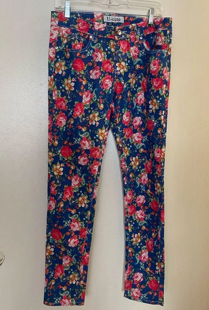 Vintage U Cute Womens Juniors Floral Light Denim Jeans Size 11 Blue Red Green - Image 1
