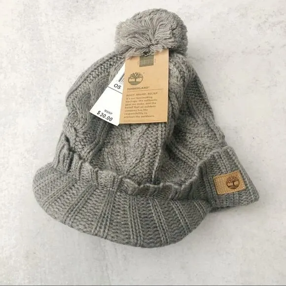 Timberland Gray Cable Peak Knit Pompom Hat NEW - Image 2