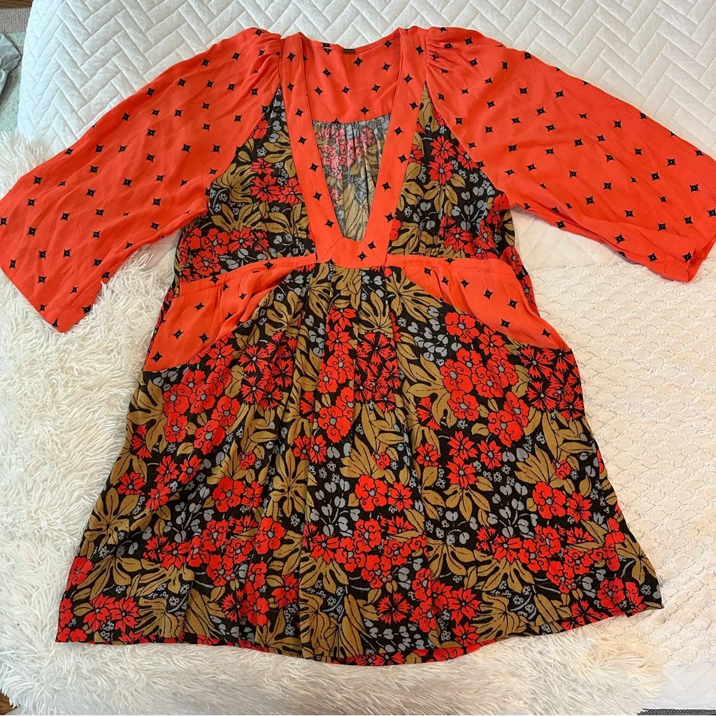 Free People Tallula Poppy Orange Deep-V Mixed Floral Boho Dress Size S - Image 13