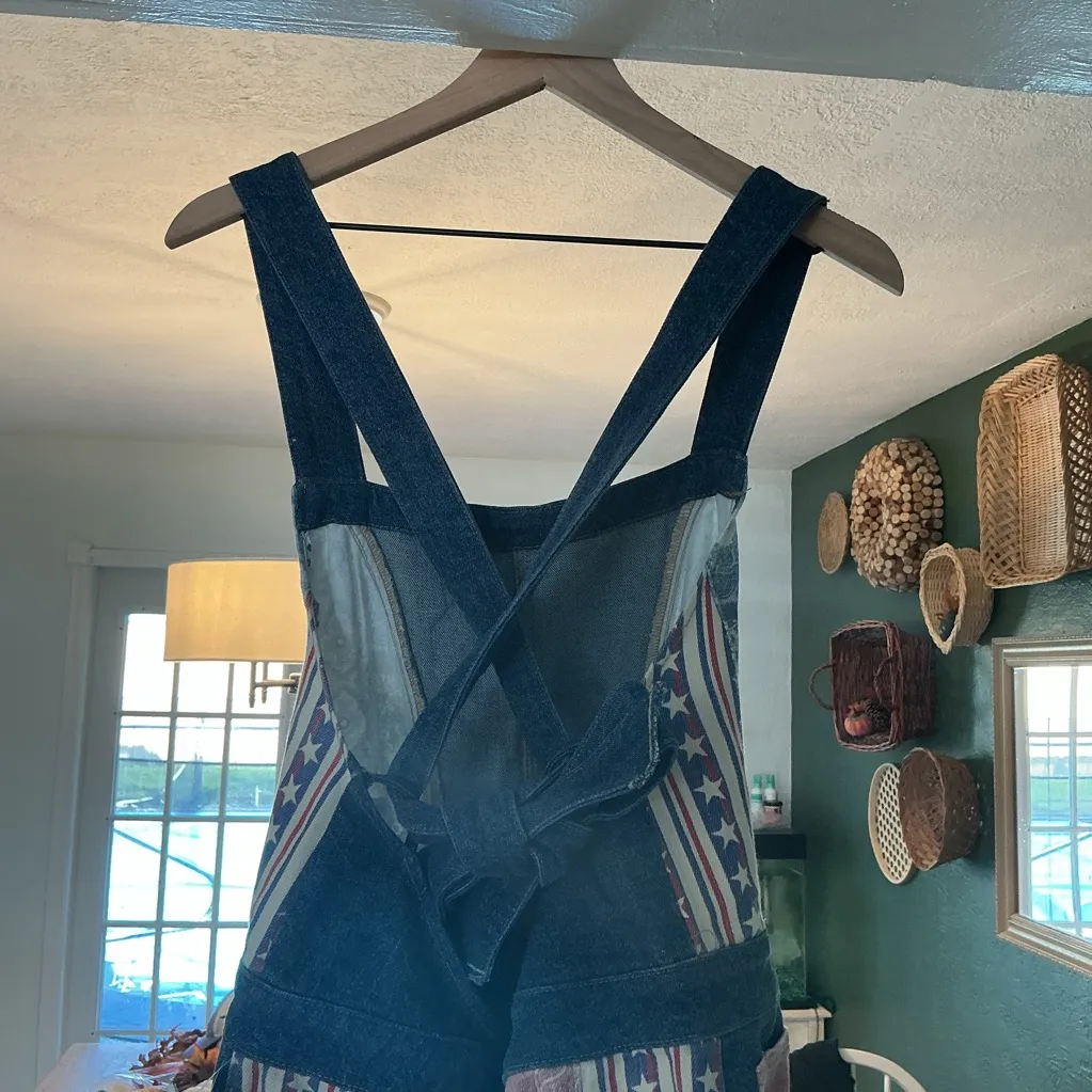 NEW FREE PEOPLE DALLAS FLAG PRINT DENIM JEANS JUMPSUIT FLARE OVERALLS - Image 8