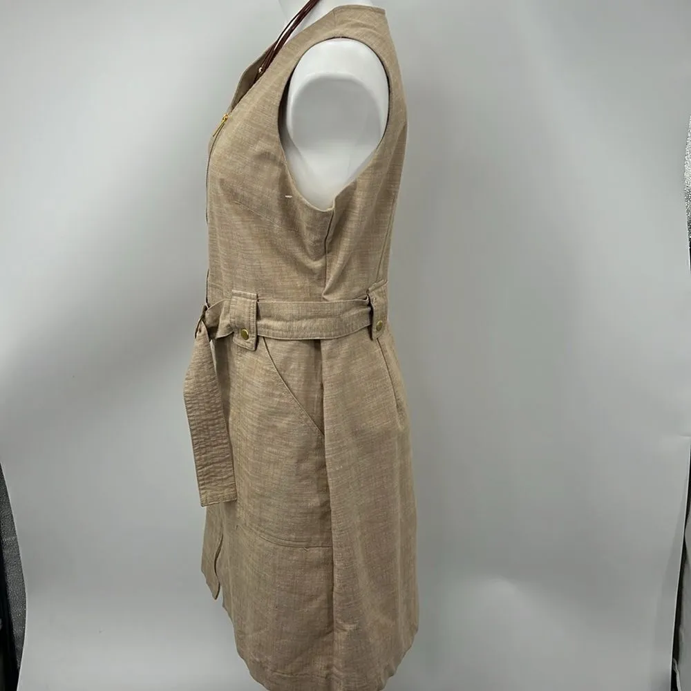 Sharagano khaki sleeveless full zipper sheath pocket dress - Image 4