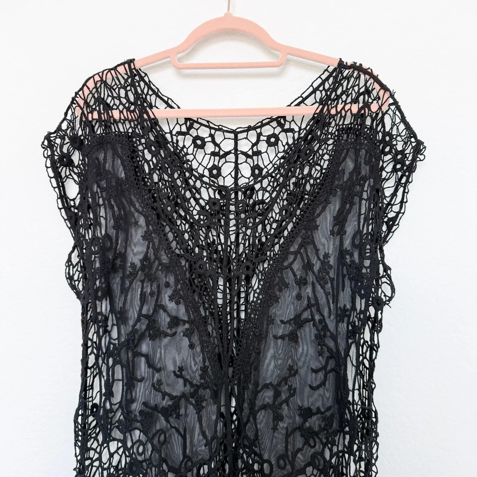 Y2K Womens Crochet Top Black Lace Fringe Sheer Whimsigoth Witchy Fairy Grunge‎ Size L - Image 2
