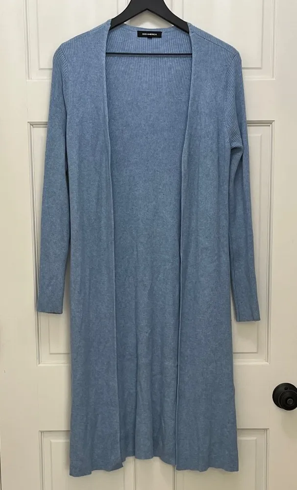 525 America Sky Blue Long Line Ribbed Knit Open Front Cardigan - Size Small - Image 1