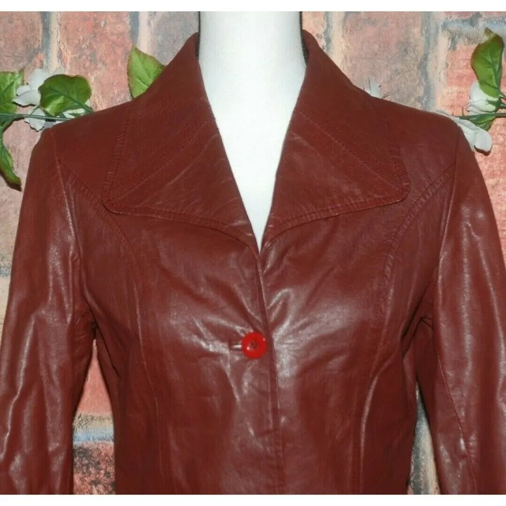 Casual Corner Ladies Brown Leather Jacket Size 11 Long Sleeve Double Button - Image 2