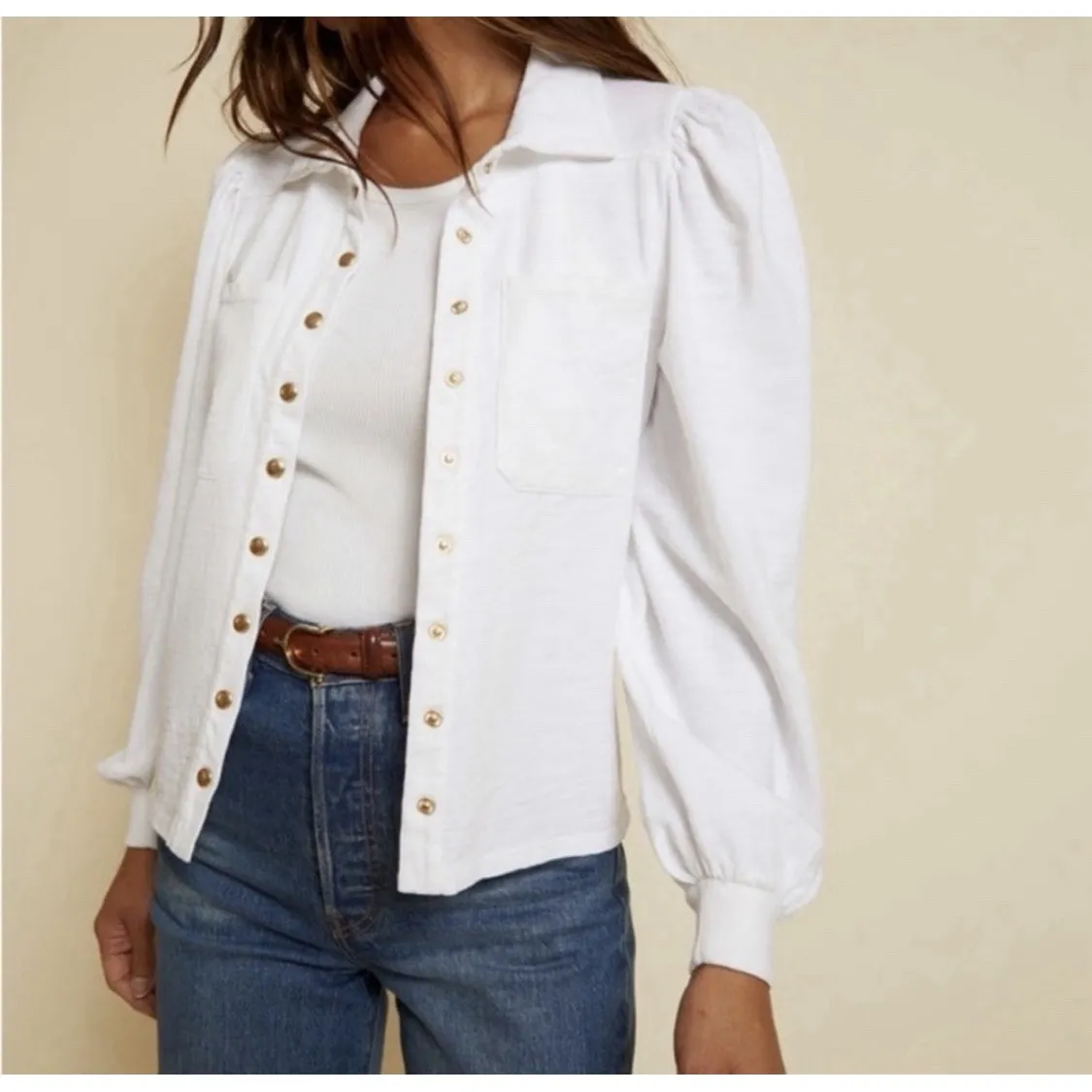Nation LTD Desta Femme Top Long Puff Sleeves Button Down Shirt Women's L White - Image 3