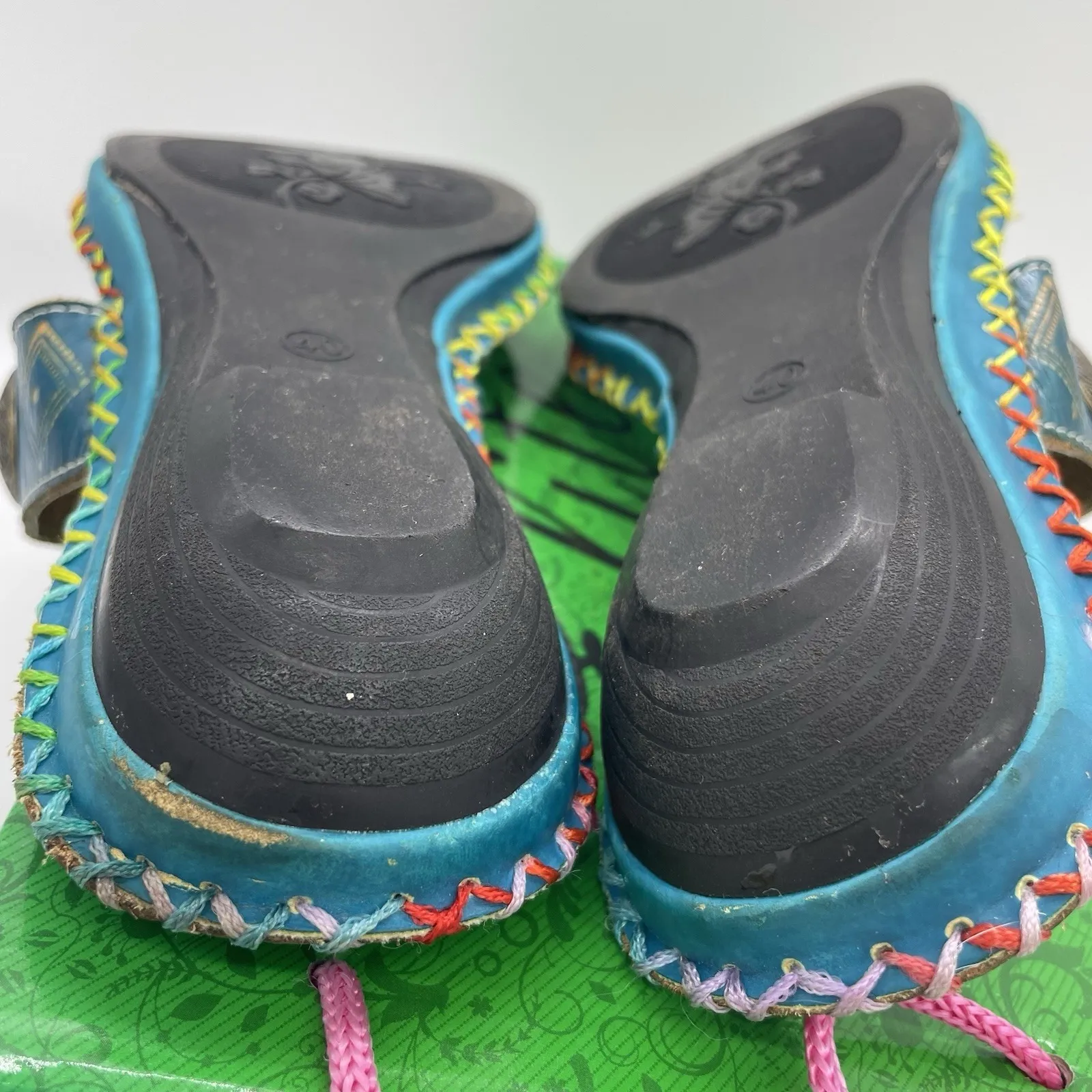 Elite By Corkys Womens 10 Sandal Tobago Teal Floral Tropical Brass Accents Slide Blue - Image 9