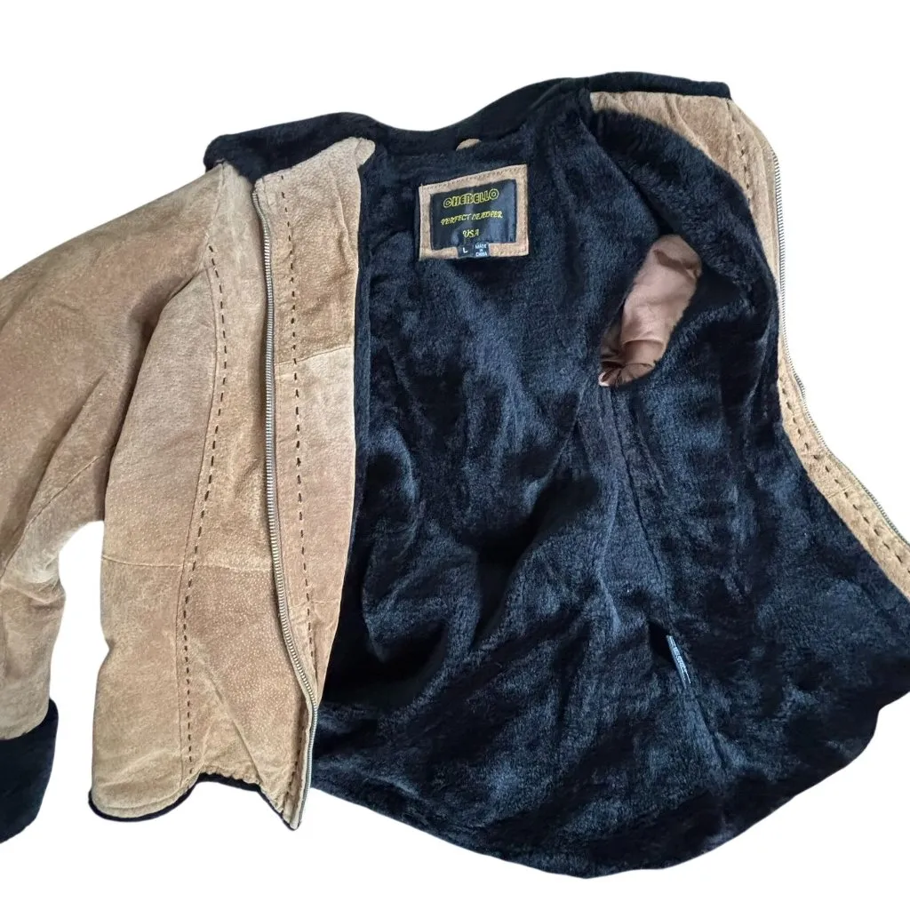 Vintage 90s Suede Leather Jacket Medium Black Faux Fur Lining Collar Cuffs Zip Brown - Image 6