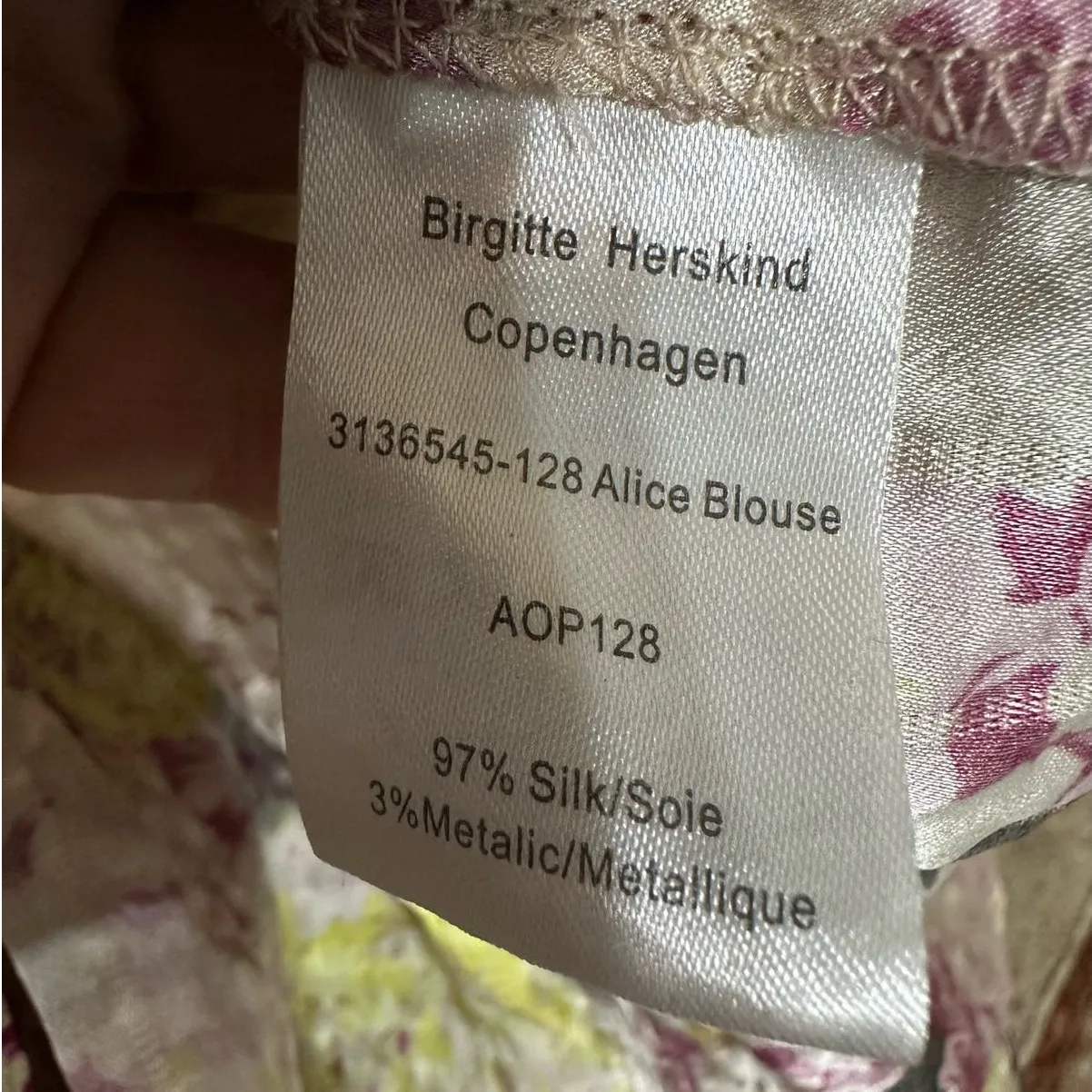 Birgitte Herskind Mini Dress Pink Metallic Gold Floral Long Sleeve Wrap Silk Size 4 - Image 10