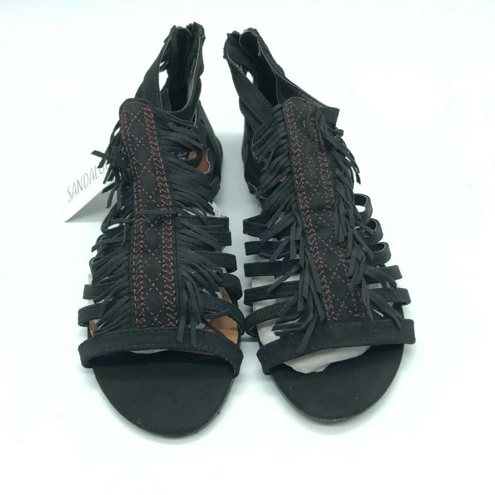 SandalUp Womens Sandals Fringe Strappy Open Toe Faux Suede Zipper Black 5.5 - Image 2