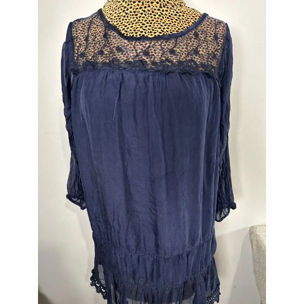 Prontomoda Giusy Medium Top Pure Silk Lace Accent Tunic Blouse Blue Lightweight - Image 7