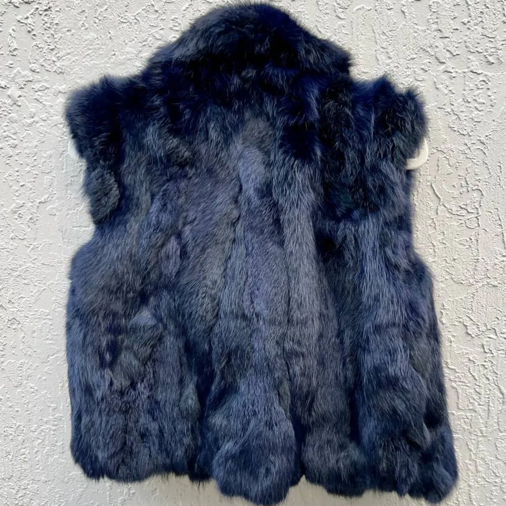 Adrienne Landau Collar Real Fur Rabbit Dyed Vest Jacket Blue Women's Size Small - Image 3