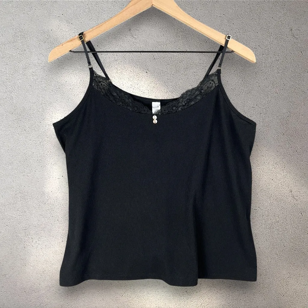 flora by Flora Nikrooz Camisole Womens XL Black Lace Trim Button Tank Y2K Grunge - Image 3