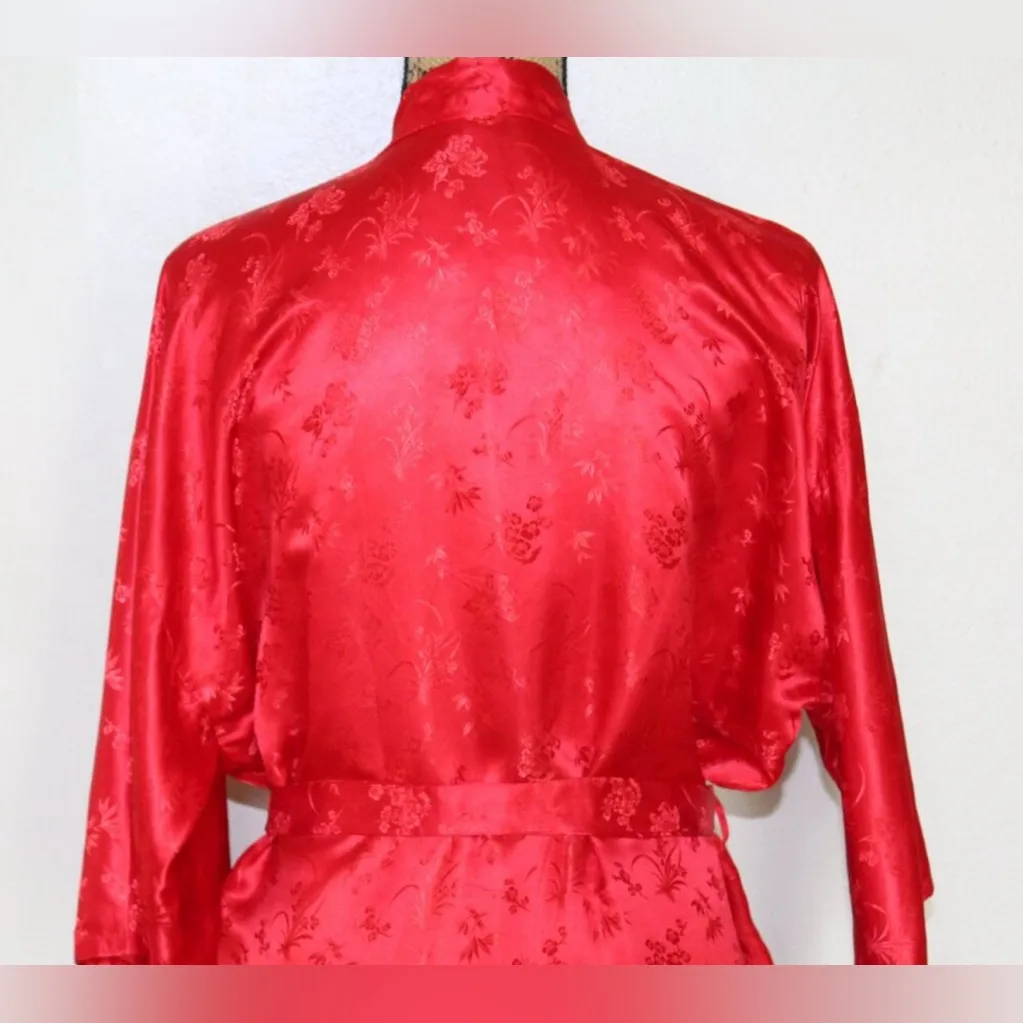 Vintage Vibrant Red Kimono long belted embroidered Size L - Image 3