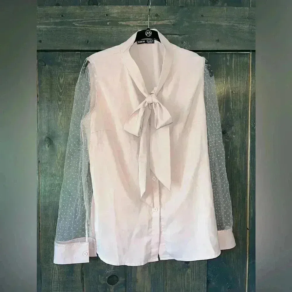 SHEIN Elegant Blush Pink Bow Blouse with Mesh Dot Sleeves‎ - Romantic Top A68 - Image 4