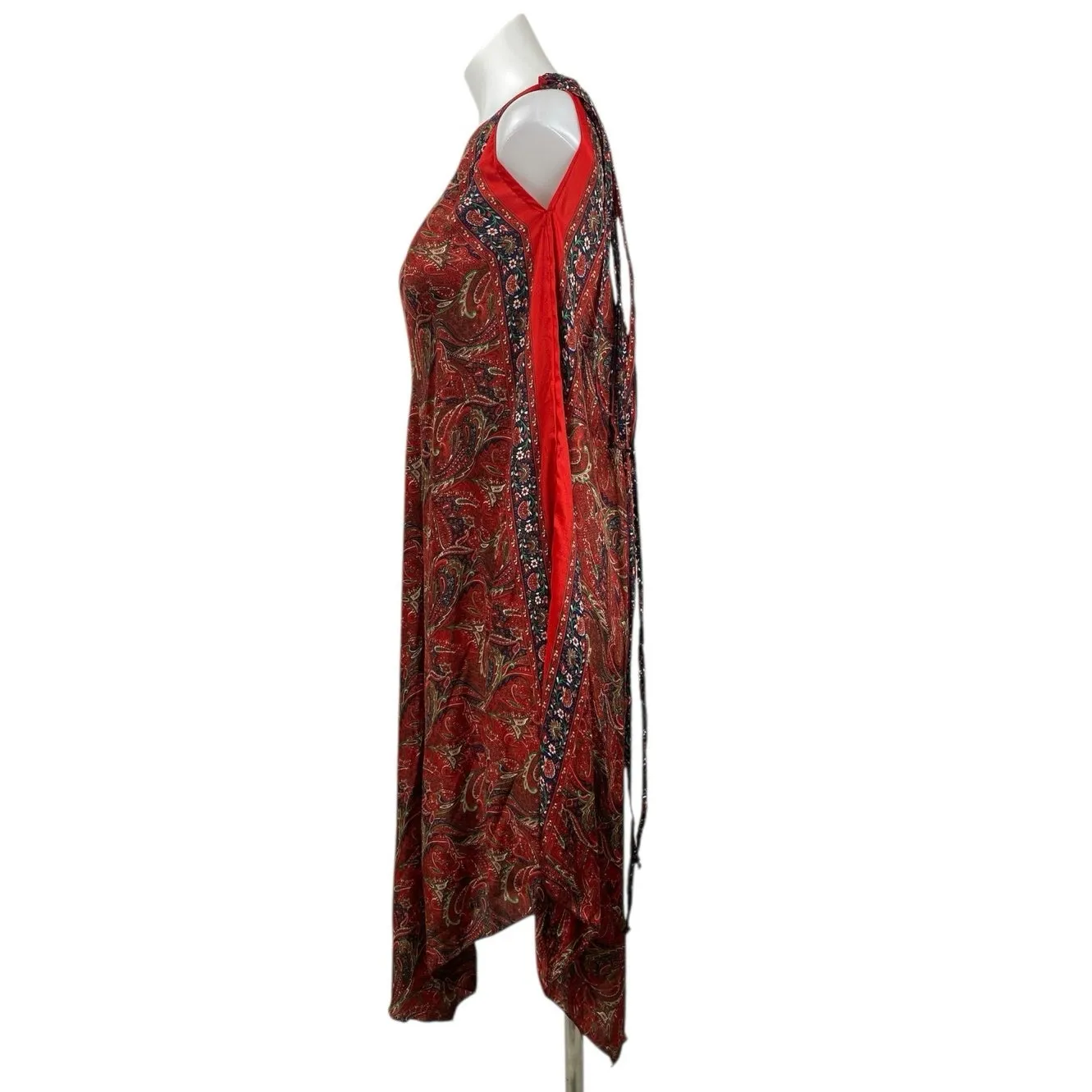 Women's Red Silk Paisley Print Sleeveless One Shoulder Midi Scarf Wrap Dress M Size M - Image 2