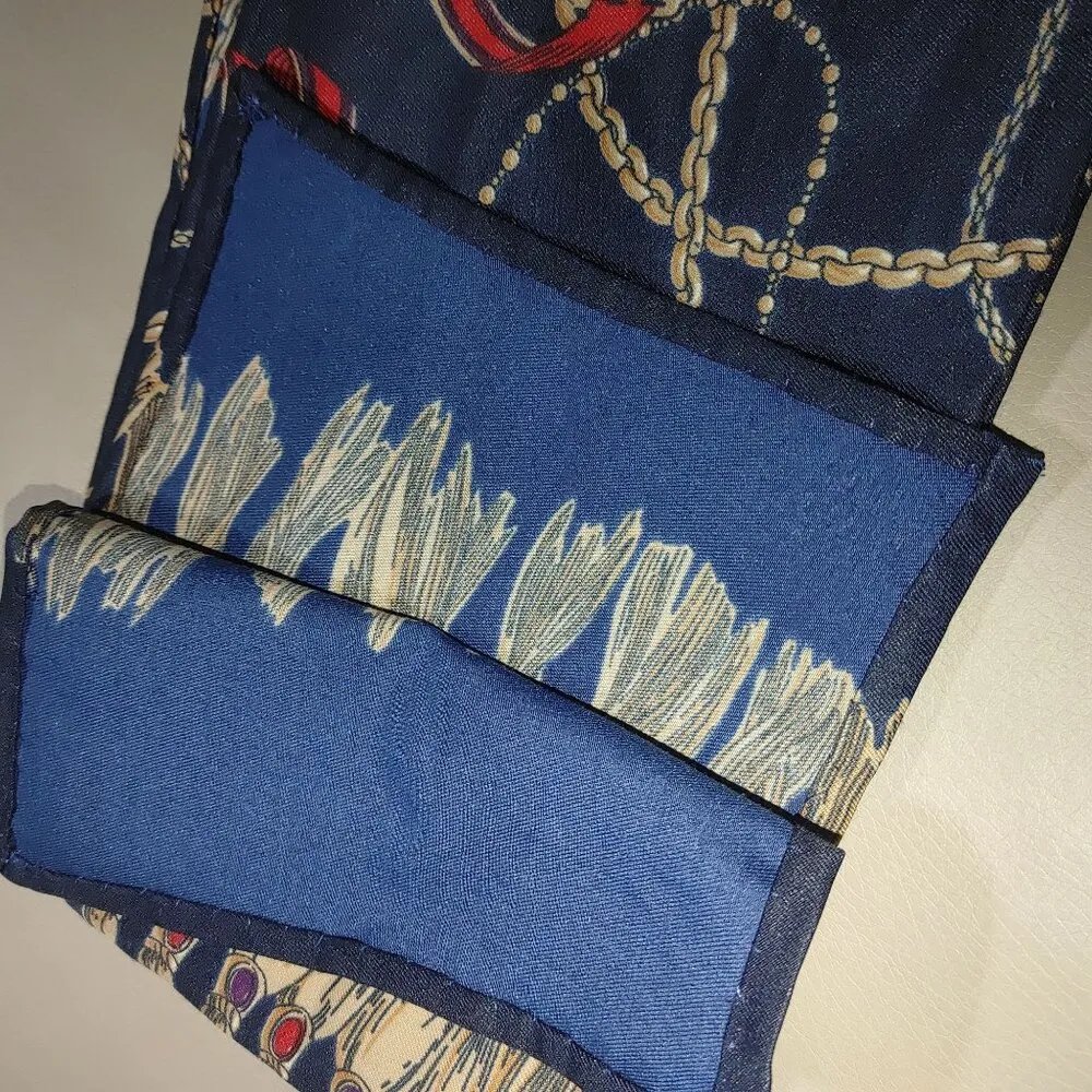 Navy Silk Scarf With Clock Tassel Print Long Rectangular Design Coat Accent Gold - Image 2