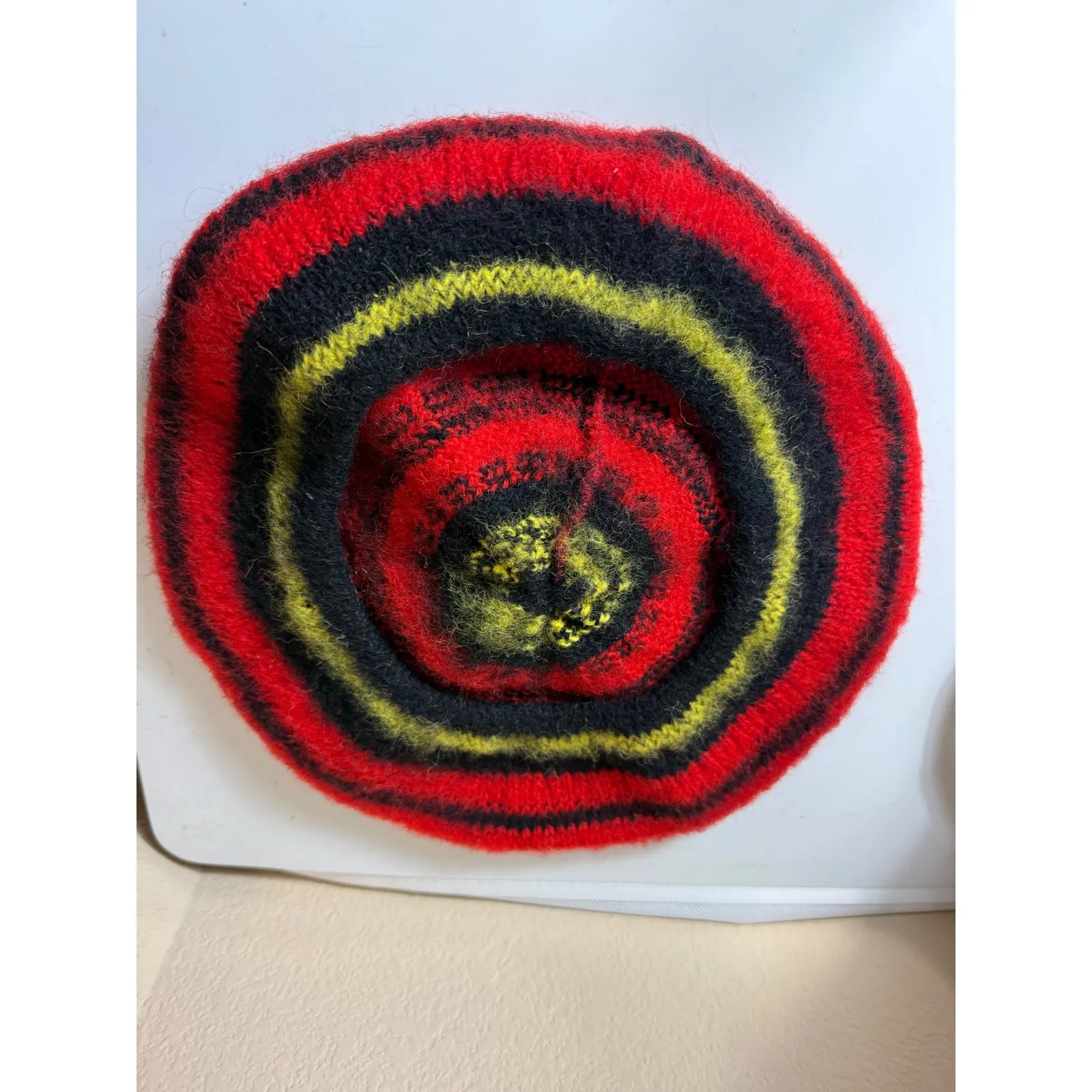 Wallace Wool Beret Hat Striped Red Black Yellow Pom Pom Made in Scotland - Image 7