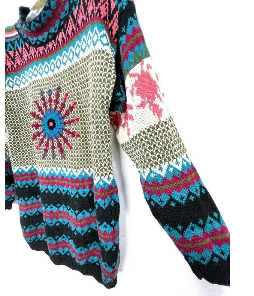 Vintage Pasta Ramie Cotton Aztec Knit Sweater Multicolor Size Medium FLAW - Image 3