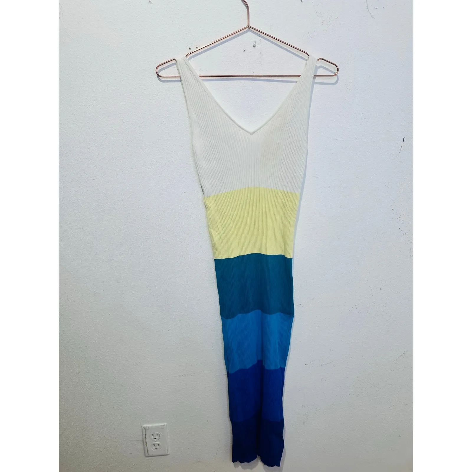 STAUD Blue White Colorblock Stripe Sleeveless V-Neck Dana Midi Dress Size Small - Image 5