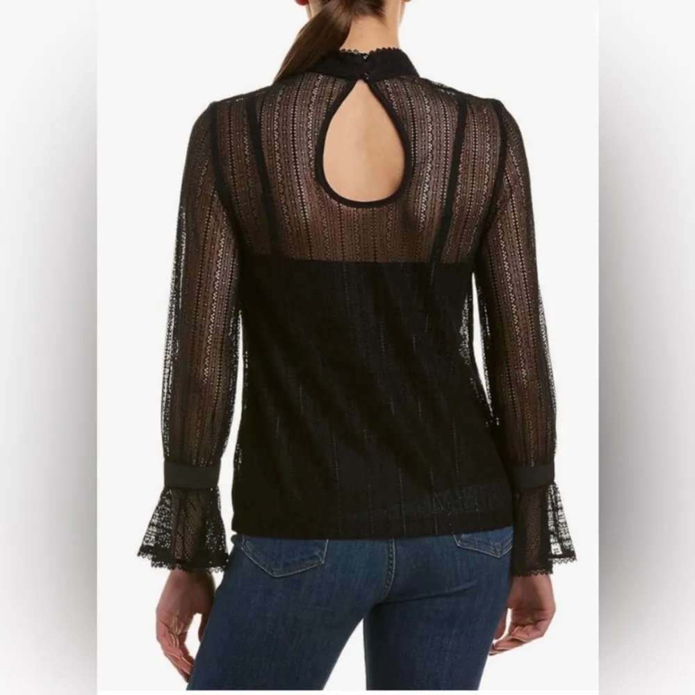 Trina Turk Cicero Black Lace Ruffle Sleeve High Neck Blouse Size XS - Image 2