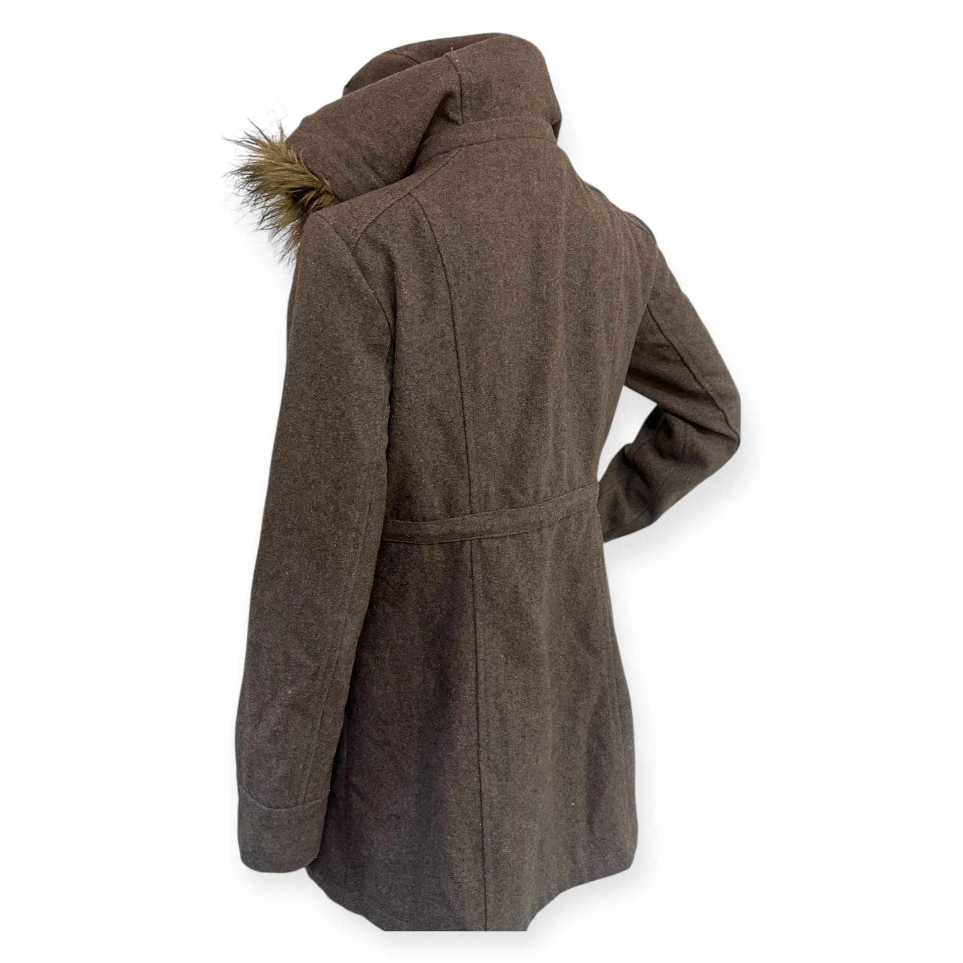 New York & Company Brown Hooded Women's Coat with Faux Fur Trim - Image 4