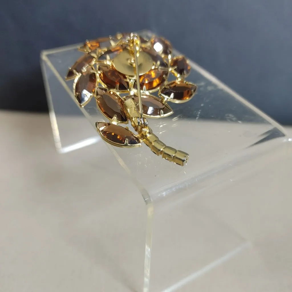Brooch Amber Marquise Round Rhinestones Vintage Gold Tone Floral Clear Prong Set - Image 7