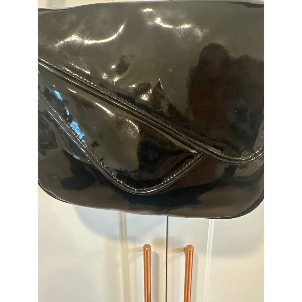 Vintage Black Patent Leather Shoulder Bag Purse Flap Gold Buckle Genesis - Image 3