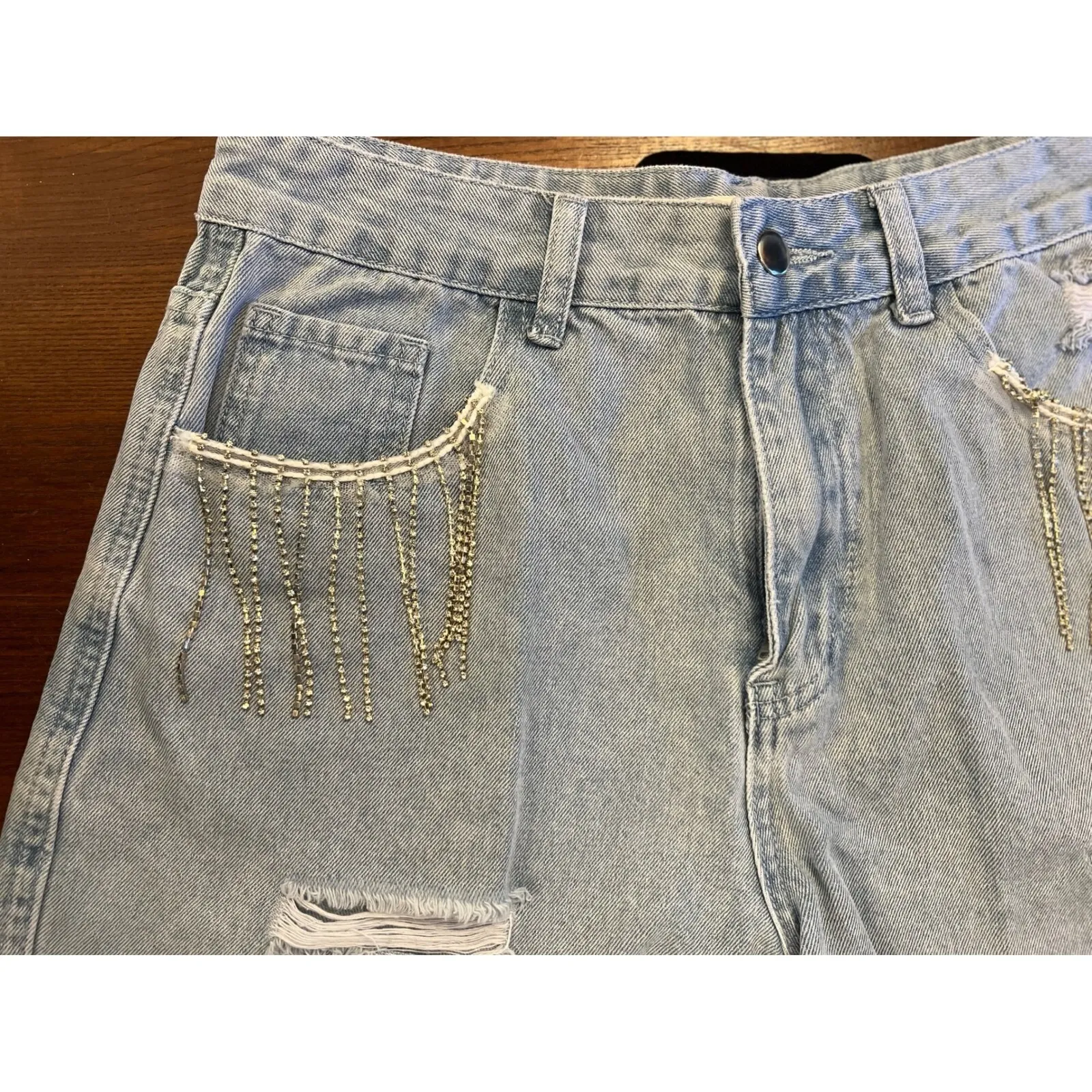 Harper Heritage Denim Shorts Rhinestone Fringe Cut Off Distressed Light Wash 28 Blue - Image 3